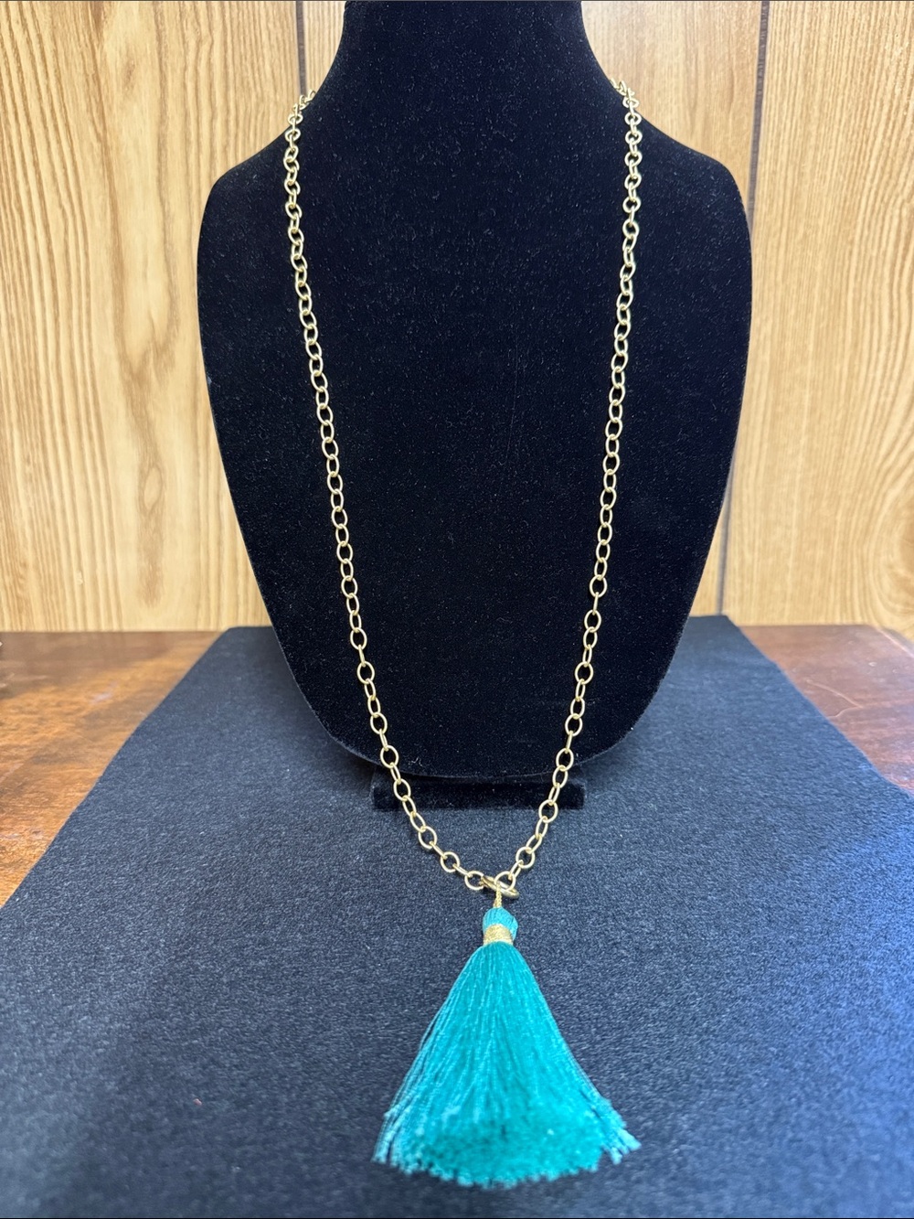 Gold-Tone Chain Necklace with Teal Tassel Pendant for Women